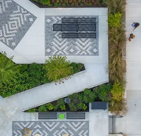 Aerial image of paver "rugs" and park "rooms" Ken Kelly Park City of Somerville Crowley Cottrell LLC Landscape Architecture