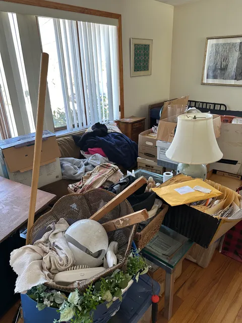 Cluttered living room before junk removal