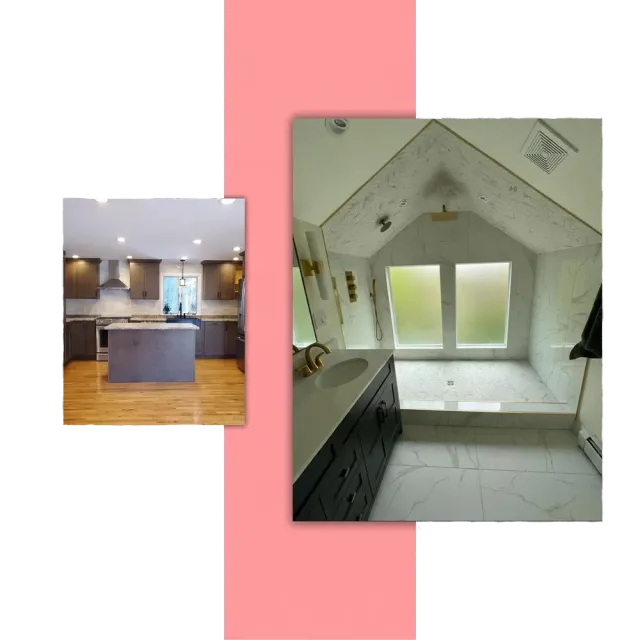 Side-by-side kitchen photos: modern island kitchen and bright attic bathroom with skylight window.