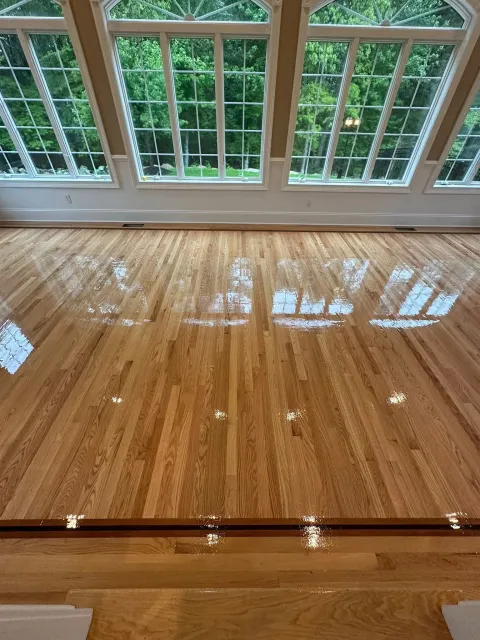Polished hardwood floor in front of large windows with green trees outside.
