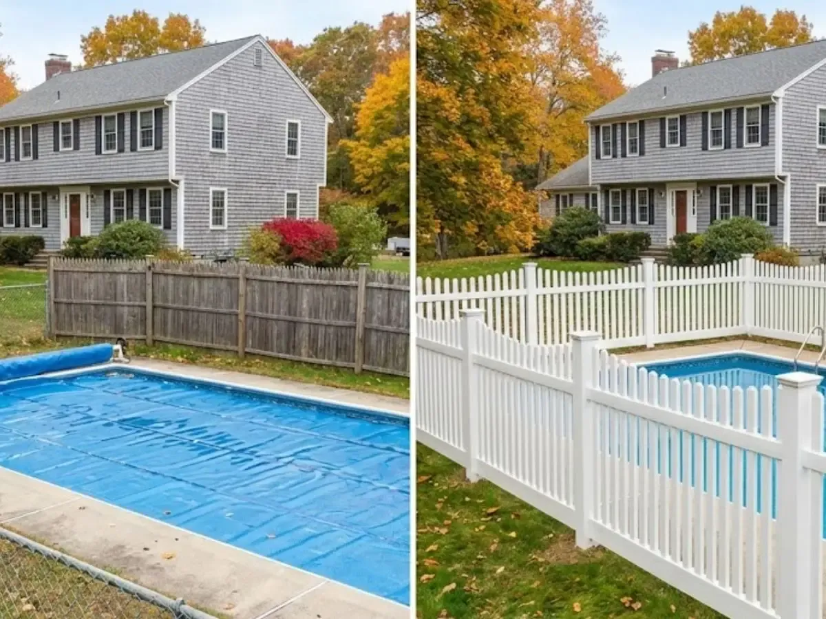 Split-screen showing vinyl pool fence upgrade in West Newbury, featuring a white picket fence and a blue pool with cover, installed by Olympic Fence Company.