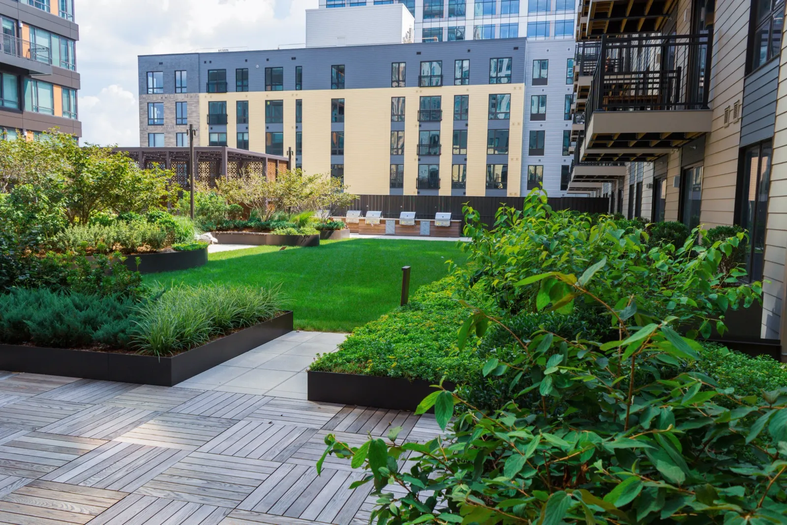 Urban courtyard with landscaped garden, wooden deck, and modern apartment buildings in the background.