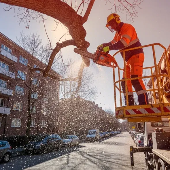 Bucket lift positioned for controlled tree work