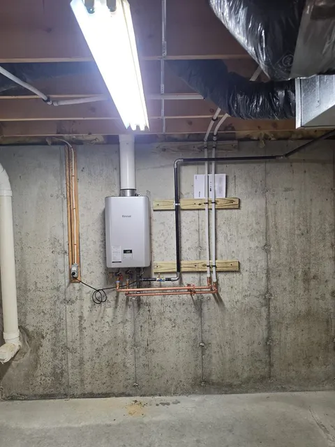Rinnai LP gas tankless on-demand water heater installed on a basement wall