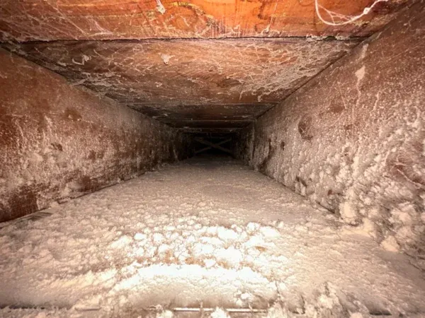 Wooden air duct interior coated with dust and cobwebs before cleaning