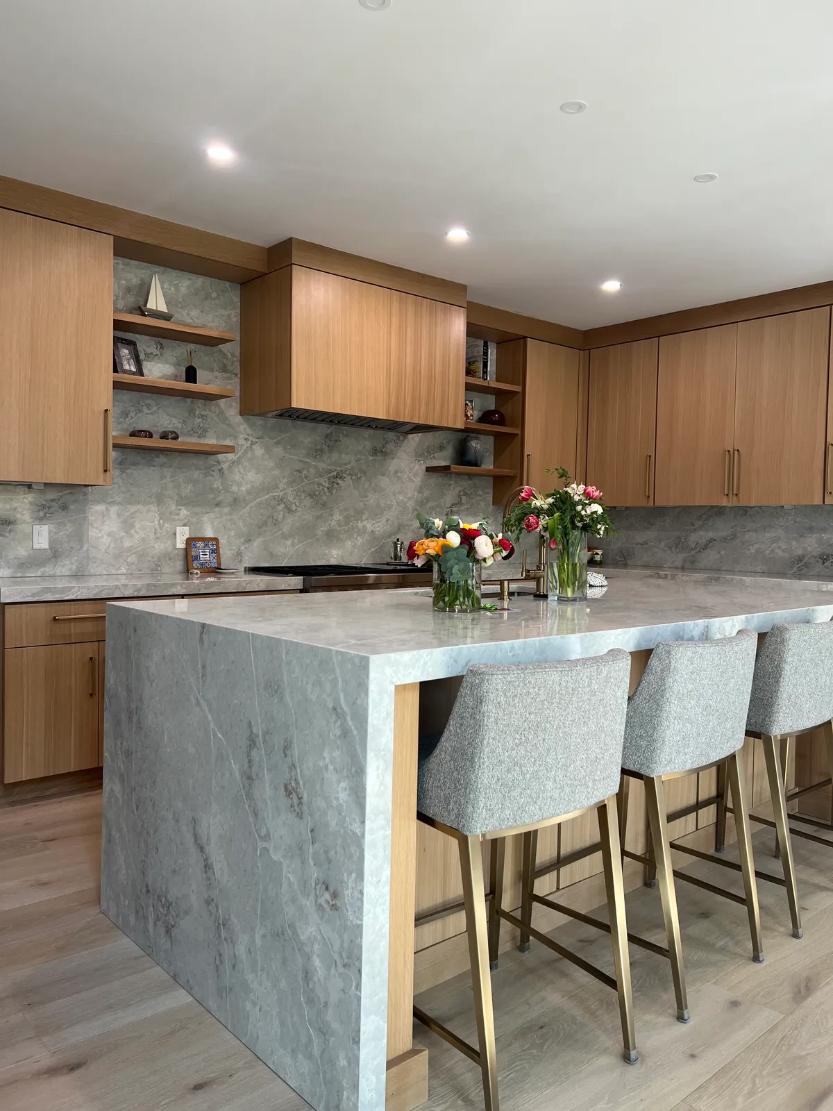 Custom White Oak Range Hood & Built-In Shelving in Natick, MA