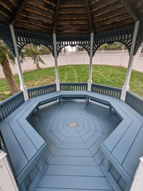 The inside of a gazebo, painted blue and white in Canton.
