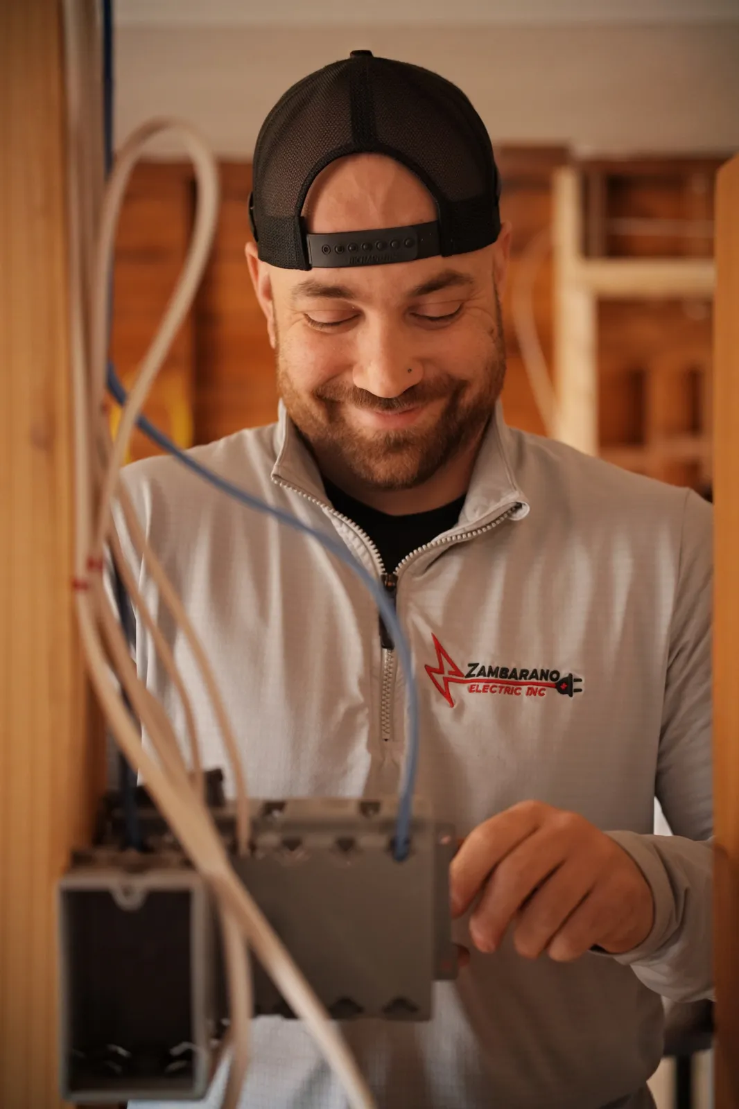 Joe Zambarano, second-generation owner of Zambarano Electric, on the job in Worcester, MA