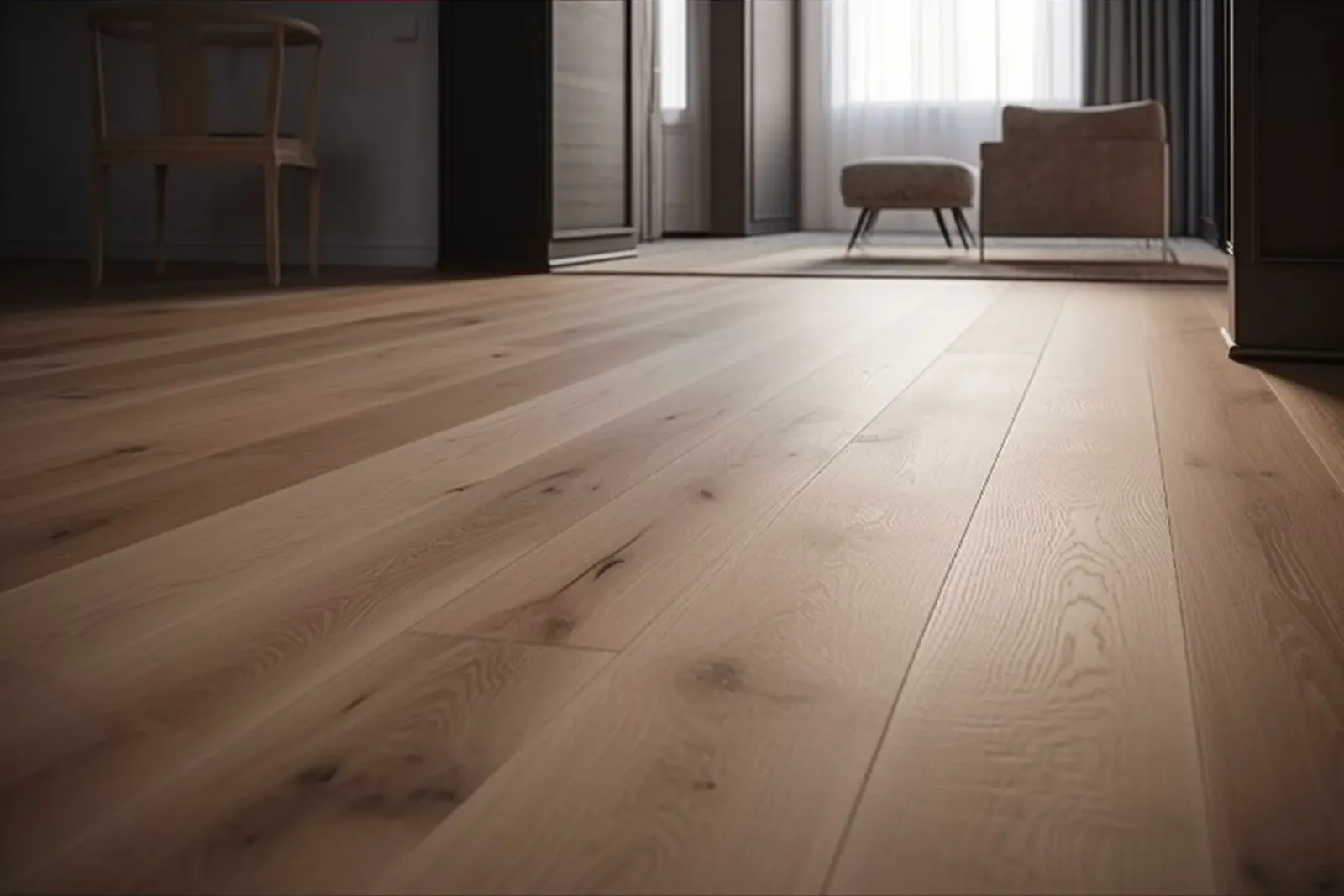 a wooden floor in a living room with a chair and ottoman