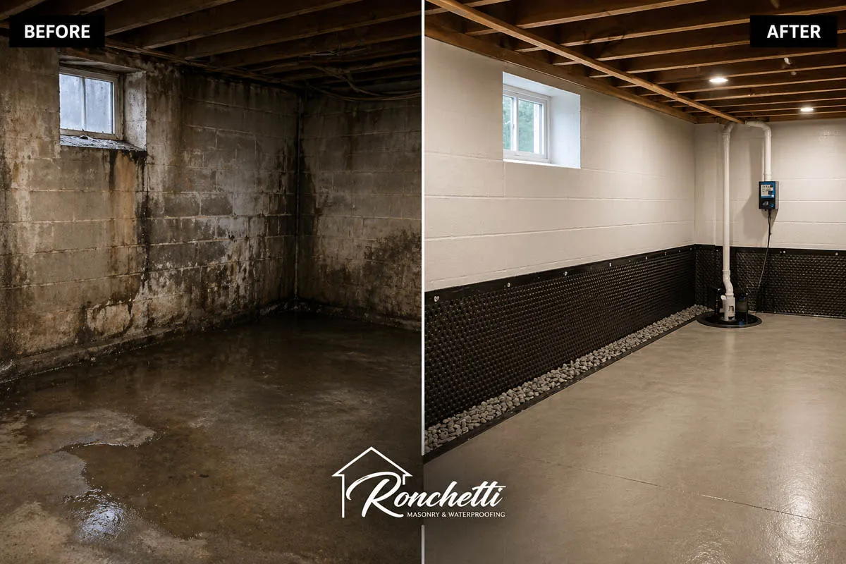 Before and after basement waterproofing project