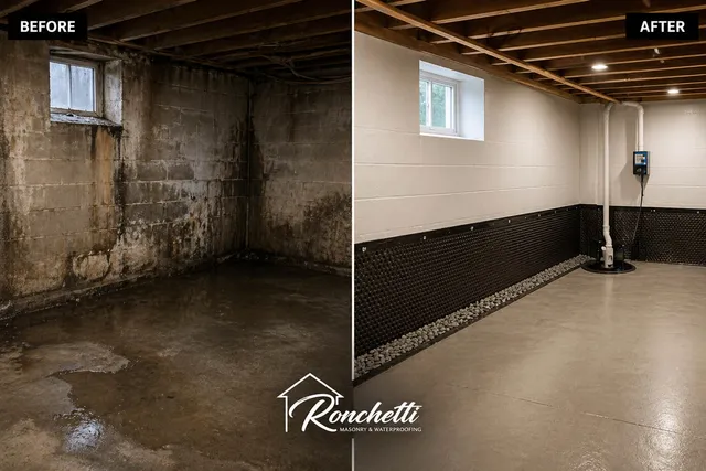 Before and after basement waterproofing project
