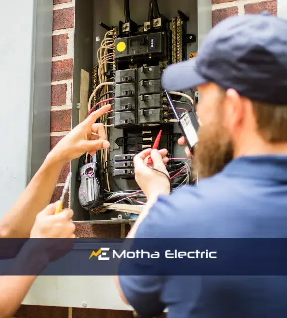 Electricians inspecting a residential electrical panel, demonstrating professional electrical repair services by Motha Electric.