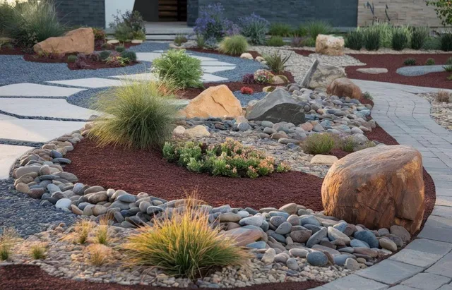 Decorative stone installation in Connecticut landscape beds
