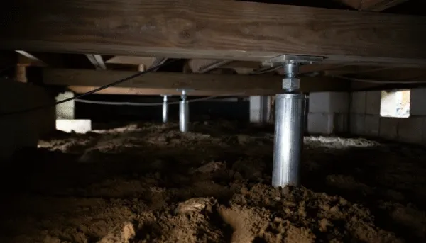Steel crawl space jack posts installed on concrete footings