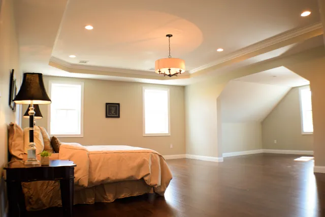 Bedroom with tray ceiling