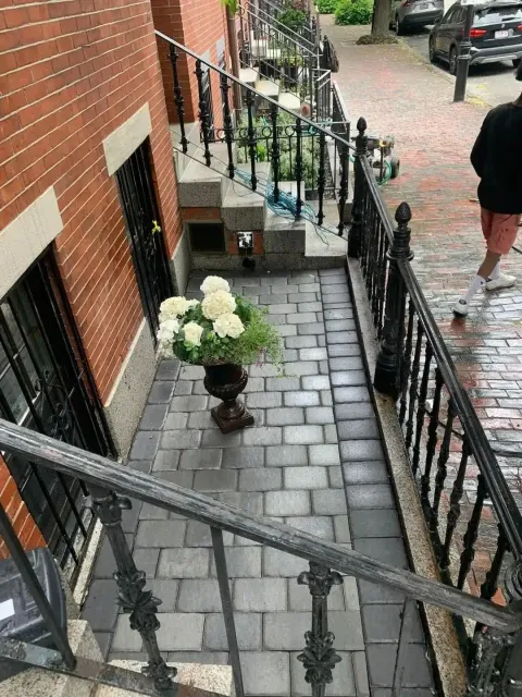 Narrow brick walkway with black railings, potted white flowers, and steps leading up to a stoop.