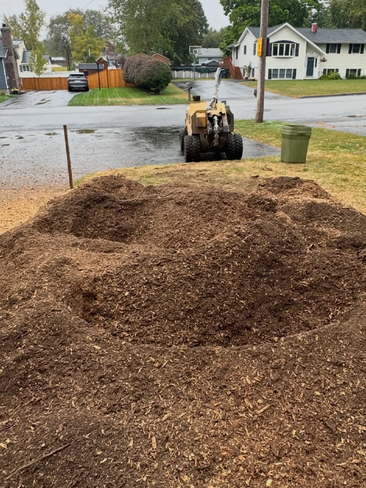 Residential yard with wood chips