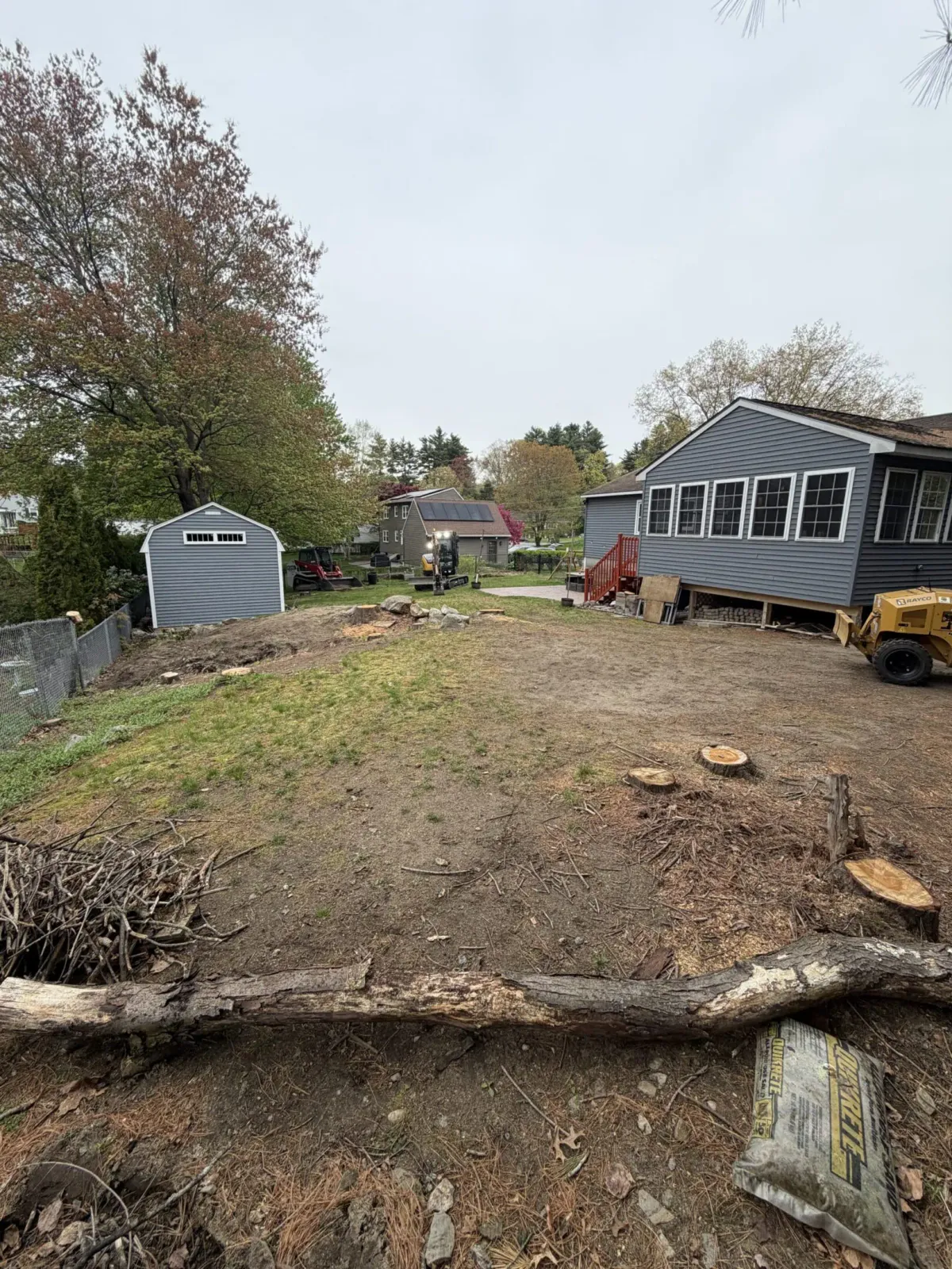 Residential yard with cut tree trunks