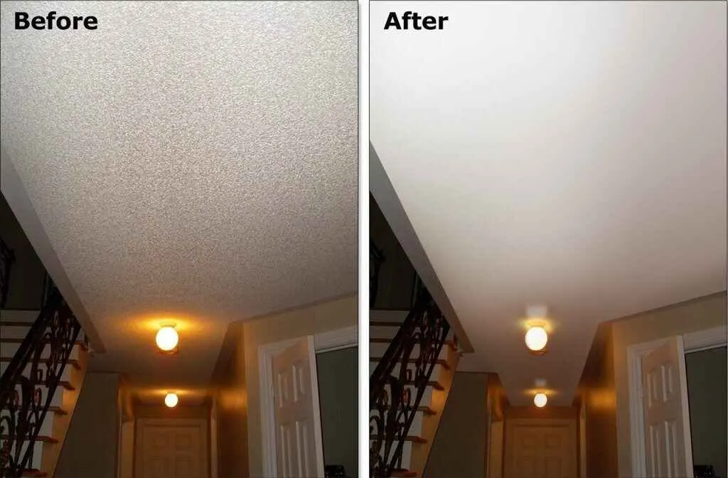 Popcorn ceiling removal Burlington MA — before and after Fine Coat Painters