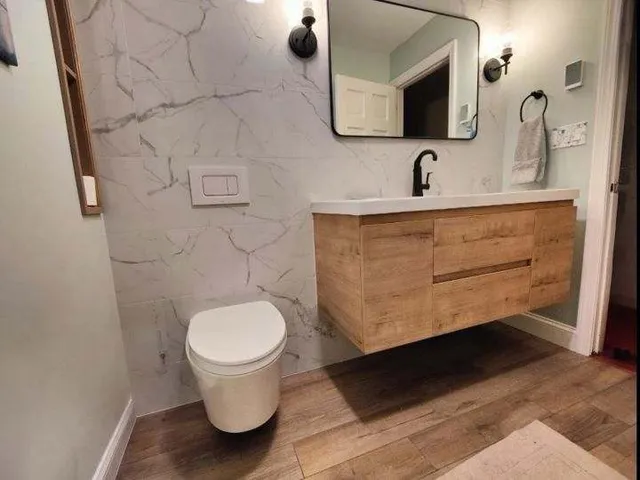 Wood vanity, wall-mounted toilet