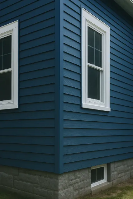 brand new navy blue vinyl siding with white trim for windows