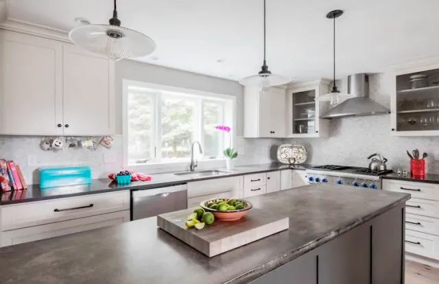 Marbled quartz countertops in a kitchen remodel