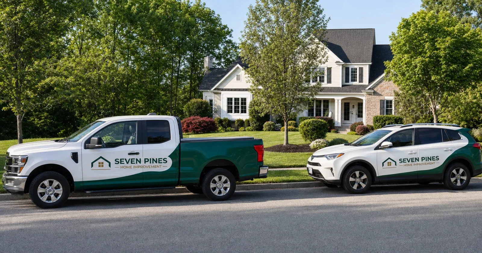 Seven Pines general contractor vehicles at a residential project in Shrewsbury, MA