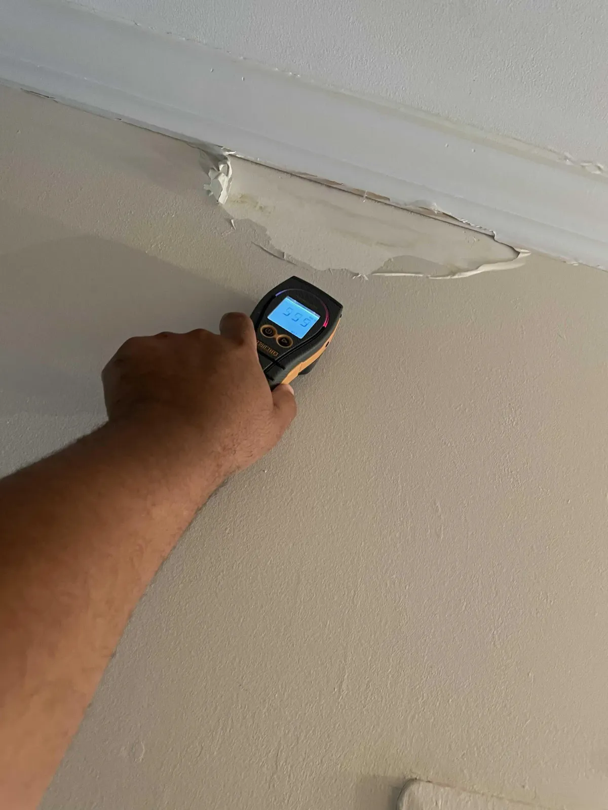 Hand holding a phone up to a damaged ceiling with peeling paint and a crack.