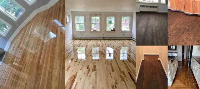 Professional hardwood floor sanding and refinishing project in Boston MA - before and after transformation showing restored wood grain and smooth finish