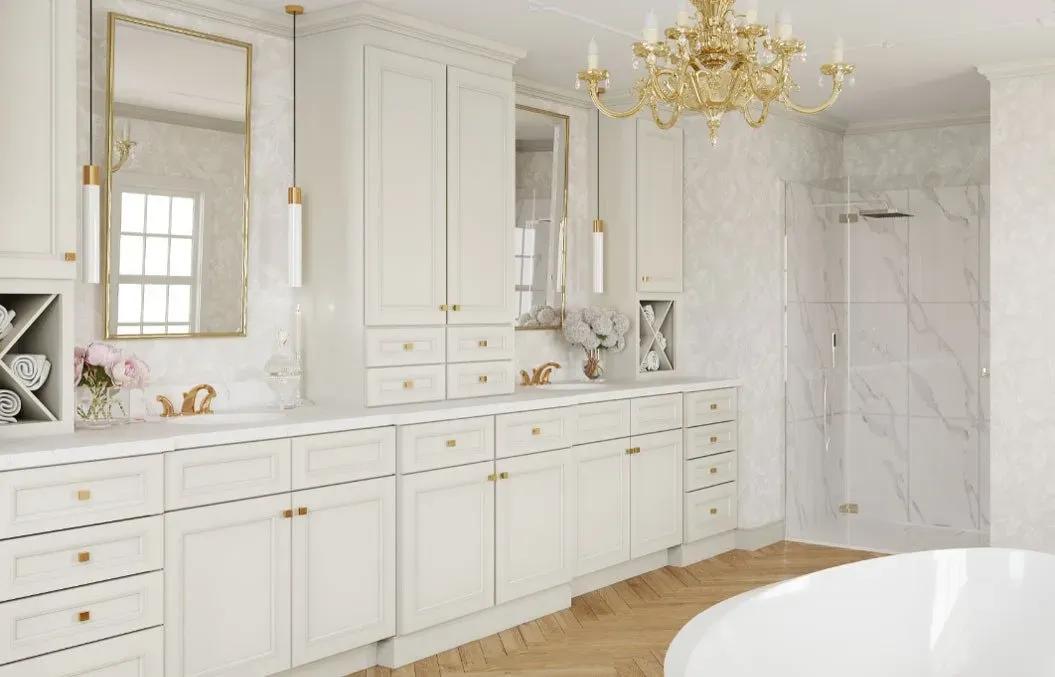 A bathroom with a bathtub , sink , mirror and chandelier.