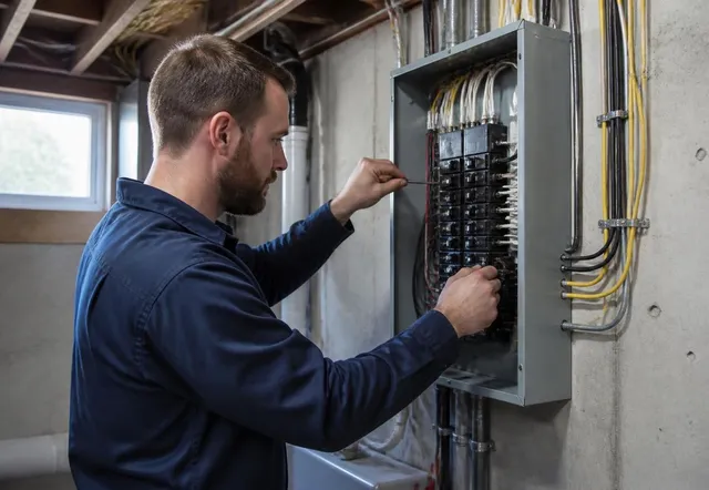Electrical service panel wired by Copp Electric electricians in Franklin, New Hampshire