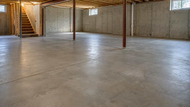 Finished cellar floor with a smooth troweled surface and saw-cut control joints between poured foundation walls