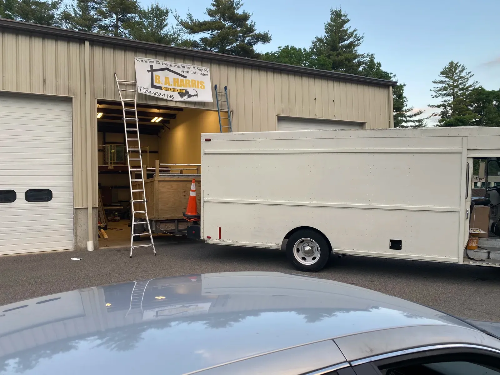 B.A. Harris work truck parked outside the gutter fabrication shop