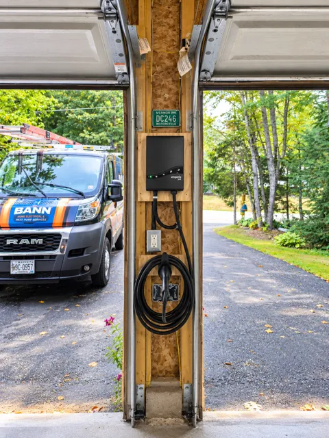 Emporia Level 2 EV charger installed by BANN in a Brunswick, Maine garage