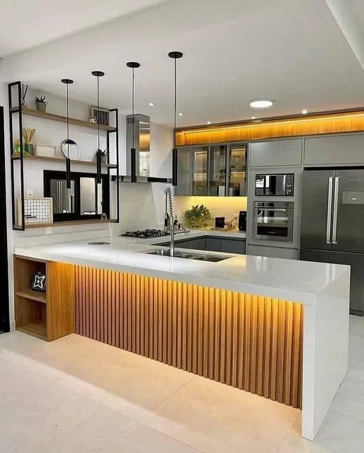 Wood-slat island, modern remodel — Reno Art Construction project