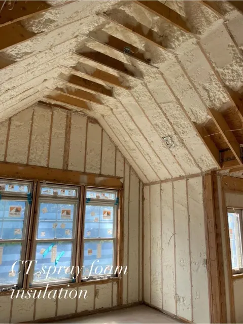 Interior of a house with spray foam insulation on walls and ceiling, highlighting the wooden beams and windows.