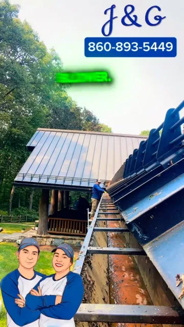 Roofing company ad with blue phone number, roof under repair, and workers illustrated at the bottom.