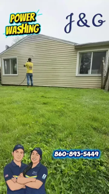 Power washing service ad showing a worker cleaning a beige house exterior, with logo and phone number.