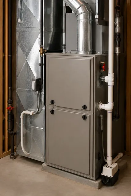 Gray HVAC furnace and ductwork in a utility closet.