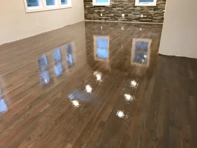 Freshly refinished floor with glossy finish