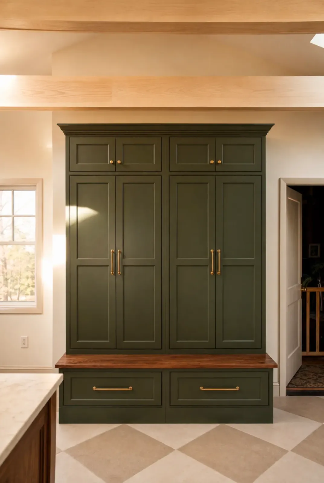 Green pantry cabinetry with brass hardware