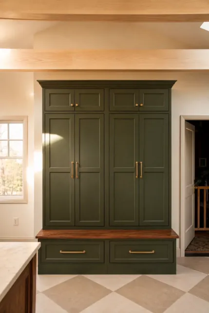 Green pantry cabinetry with brass hardware