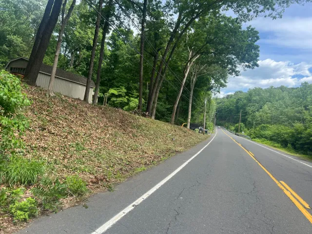 Paved road next to a steep, leaf-covered hillside with trees. A small white building is at the top of the hill.