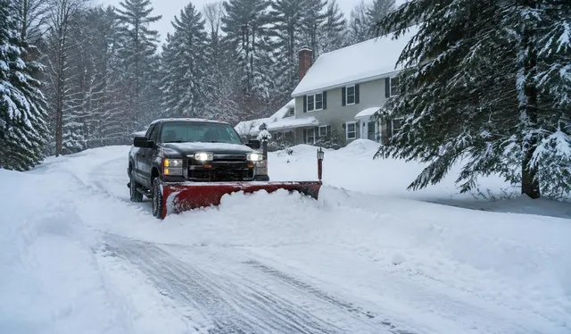 Snow plow truck pushing snow during a New Hampshire winter storm