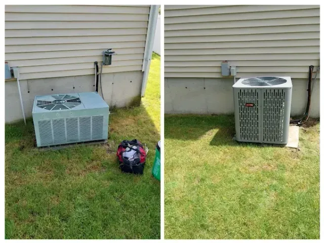 Two side-by-side photos of an air conditioning unit. One shows an old unit, the other a new one, both outside a house.