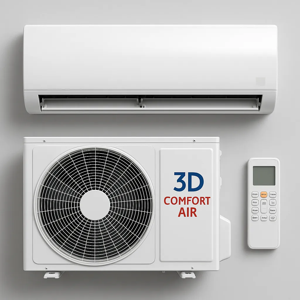 Wall-mounted air conditioner, outdoor unit labeled 3D Comfort Air with fan, and remote control on a wall