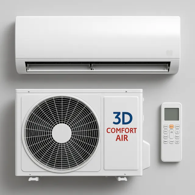 Wall-mounted air conditioner, outdoor unit labeled 3D Comfort Air with fan, and remote control on a wall