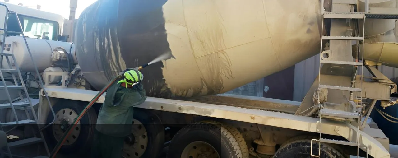 Person washing concrete truck exterior