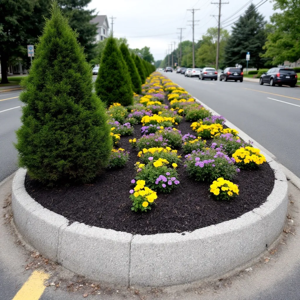 Landscaped granite-curbed road median planted with evergreens and seasonal flowers