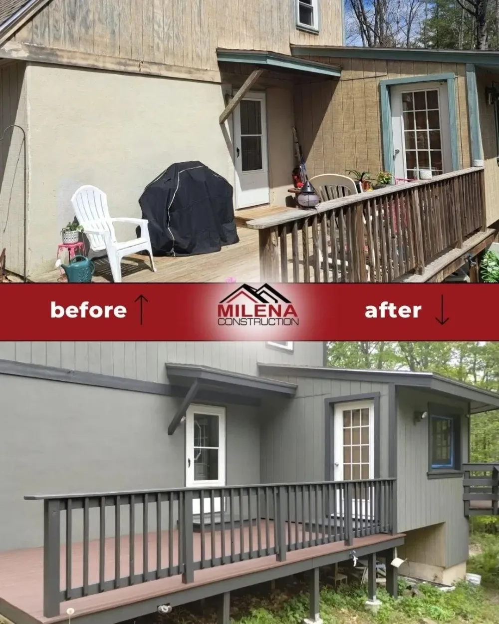 Before and after: rebuilt and refinished backyard deck in Southern New Hampshire